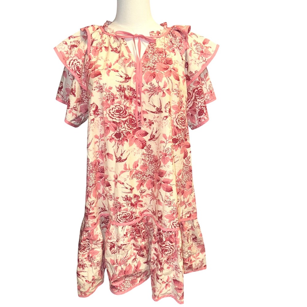 Umgee Pink Floral Bird Toile Ruffle Sleeve‎ Cotton Mini Dress Small